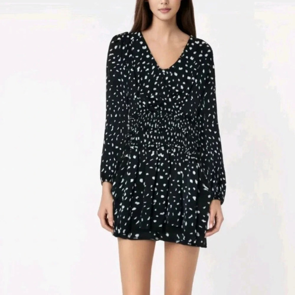 Y2K printed black & white surplice mini dress sheer sleeves lined skirt small - Picture 1 of 16